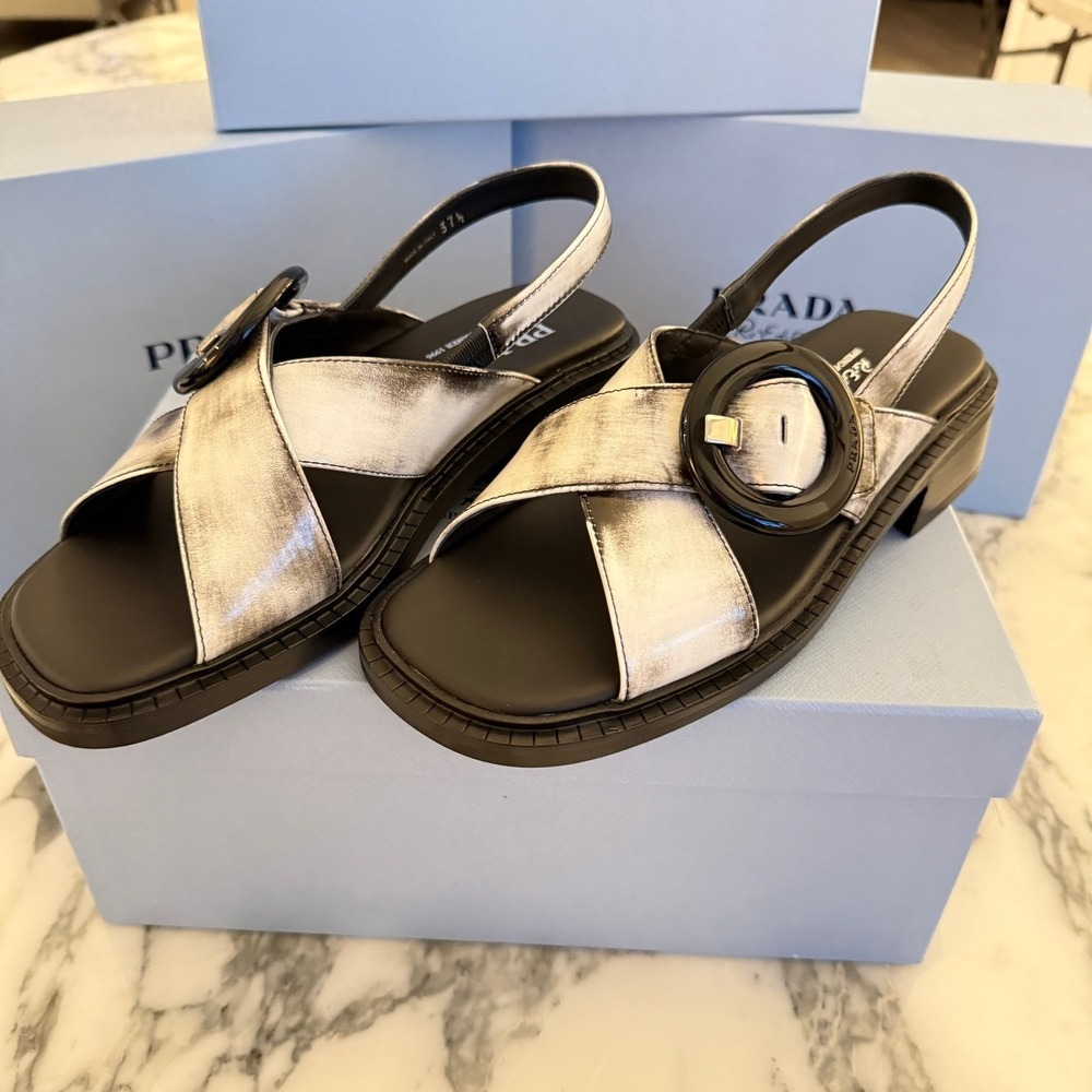 Prada 1X962N Women White/Black Leather slingback sandals shoes size 39.5 US 9.5 - Picture 9 of 14